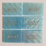 LOTE COMPOSTO DE 6 FICHAS PARA POKER EM GALALITE OU BAQUELITE , MED. 4 X 6 CM .