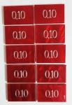 LOTE COMPOSTO DE 10 FICHAS VALOR 0,10 PARA POKER EM GALALITE OU BAQUELITE , MED. 3 X 4,8 CM .
