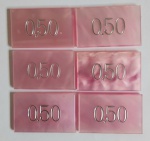 LOTE COMPOSTO DE 6 FICHAS VALOR 0,50 PARA POKER EM GALALITE OU BAQUELITE , MED. 3 X 4,8 CM .