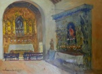 QUADRO - BELÍSSIMA PINTURA DE INTERIOR DE IGREJA 1952 ÓLEO S/TELA COLADO EM PAPELÃO , MED. 15, X 21,5 - 30 X 37 CM.