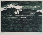 MARIO GRUBER - GRAVURA EM 2 CORES SOBRE LINÓLEO , EMOLDURADA  MED. 32 X 41 CM .