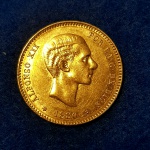 ESPANHA - Moeda de Ouro 25 Pesetas de 1880 com 8 gramas de OURO .900 Moeda do Período do Rei Alfonso XII em lindíssimo e perfeito estado de conservação, moeda não teve circulação, difícil de se encontrar nesse belo estado.