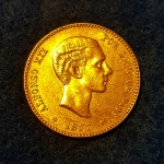 ESPANHA - Moeda de Ouro 25 Pesetas de 1877 com 8 gramas de OURO .900 Moeda do Período do Rei Alfonso XII em lindíssimo e perfeito estado de conservação, moeda não teve circulação, difícil de se encontrar nesse belo estado.
