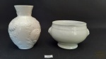 Lote de 2 peças  vaso ceramica vitrificada , bolw.sendo um vaso com desenhos florais e uma floreira. Medida floreira 11 cm diâmetro por 7,5 cm profundida, vaso 5,5 cm diâmetro por 14 cm altura.