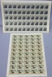 FILATELIA,   duas   (2)   folhas   de   selos   comemorativos   italianos, completas com cinquenta selos cada, de 20 e 40 liras, ambas não circuladas e com sinais de etiqueta colada no verso.