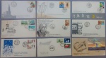 FILATELIA,  nove  (9)  envelopes  filatélicos  de  selos  comemorativos brasileiros com carimbo do primeiro dia de circulação dos Estados do Rio de Janeiro e Brasília, anos 1987 e 1988.