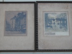 Dois cartões-postais xilografados emoldurados representando caminhos de ruas europeias, ambos com partes de partitura de Ludwig Van Beethovem e Joseph Haydn. Alguns escritos à lápis não identificados. Total 42 x 32cm.