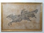 "Cavalos", trabalho de lápis sobre papel emoldurado em eucatex e vidro, sem assinatura, apresenta manchas e lascas na moldura. 53 x 78cm.