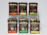 Seis latas de chá chinesas decoradas com cenas cotidianas policromadas. 6 x 5 x 5cm.