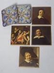 Dez porta-copos com fundo em cortiça: 6 reproduzindo azulejos portugueses e 4 com reproduções de pinturas neoclássicas. 10 x 10cm.