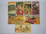 Sete carteiras de mão japonesas confeccionadas em papel "wagami" resistente, decoradas com fragmentos de ilustrações no estilo Yamato-e. Uma na caixa original. 10 x 19cm