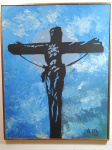 A.M. - "Cristo crucificado", óleo sobre eucatex, assinado e datado 1969. Total 85 x 66cm. *Parte da venda deste lote será convertida em doação para o projeto Academia do Cérebro, uma iniciativa do Laboratório de Neurociências e Aprimoramento Cerebral, do Instituto de Psiquiatria da UFRJ, dirigido pelo Prof Dr Rogério Panizzutti.*