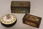 Três antigas latas, das marcas: Souza Cruz, Biscoitos Aymoré e Biscoitos ingleses. A maior mede 18,5 x 9 x 8 cm
