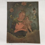 Maravilhosa Pintura em placa de Lata, de Nossa Senhora segurando o Menino Jesus. Mede aproximadamente 24,5 x 31,5 centímetros. Autor desconhecido.