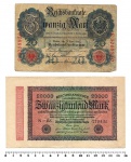 Colecionismo - Duas cédulas alemãs, do período pré Primeira Guerra Mundial e pós Primeira Guerra Mundial, do conhecido período da Hiper inflação alemã. Cédulas em estado razoável de conservação. 