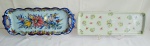 Dois pratos para rocambole, sendo um da marca Alcobaça, medindo 40x15cm, (consta fio de cabelo) e o outro em porcelana, pintado a mão, medindo 39x13cm.
