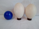 Três itens, sendo duas peças em formato de ovo, medindo 13cm de altura, e uma em formato de bola azul (plástico), medindo 8cm de altura.