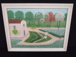 Pintura sobre alcatex, representando casarão com jardim, medindo 65x50cm.