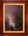 CREMILDA BRAZ - QUADRO ÓLEO SOBRE TELA COLADO SOBRE EUCATEX, " DEUX AMIES A L'APRES MUDE D'AUTMNE" . PERDAS NA PINTURA NA PARTE INFERIOR. MEDINDO A TELA 55 X 75 CM