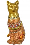 BALI - Belíssima Escultura de Coleção, representando Gato Oriental, em faiança policromada, em ouro e bronze, com pedras cravejadas. Dimensões: 120 cm X 8,5 cm X 10 cm  (Alt./Comp./Larg.). xxx