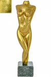 VERA DILE - NÚ FEMININO - em bronze maciço polido, sobre bloco de granito preto, assinatura na perna esquerda. Dimensões: 23 cm X 6 cm X 4 cm (Alt./Comp./Larg.).