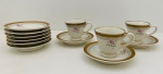 Porcelana Schmidt, Ivory China  Três Xícaras para café e nove pires em porcelana branca, borda com detalhes em ouro e decorado com flores.