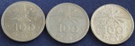 Três moedas de 100 réis (cada), ano 1932, em cupro-níquel, IV Centenário da Colonização do Brasil, Índio, Série Vicentina, SOB