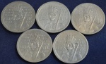 Cinco moedas de 100 réis (cada), ano 1932, em cupro-níquel, IV Centenário da Colonização do Brasil, Índio, Série Vicentina, SOB