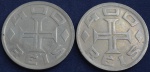 Duas moedas 400 réis, ano 1932, cupro-níquel Série Vicentina