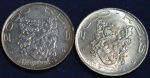 Duas moedas em prata 2000 réis, ano 1932, Série Vicentina, IV Centenário da Colonização do Brasil, Dom João III 1502/1557 Rei de Portugal, escurecimento natural da prata