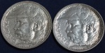Duas moedas de 2000 réis, em prata, ano 1935, Duque de Caxias, escurecimento natural da prata, MBC