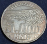 Moeda em prata 5000 réis, ano 1936, Alberto Santos Dumont, MBC/S, escurecimento natural da prata