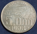 Moeda em prata 5000 réis, ano 1937, Alberto Santos Dumont, MBC, escurecimento natural da prata