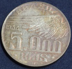Moeda em prata 5000 réis, ano 1938, Alberto Santos Dumont, MBC, escurecimento natural da prata