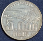 Moeda em prata 5000 réis, ano 1938, Alberto Santos Dumont, MBC, escurecimento natural da prata