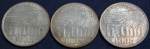 Três moedas em prata, 5000 réis, anos 1936, 1937 e 1938, Alberto Santos Dumont, escurecimento natural da prata