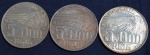 Três moedas em prata, 5000 réis, anos 1936, 1937 e 1938, Alberto Santos Dumont, escurecimento natural da prata