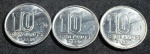 Três moedas de 10 centavos, ano 1989, Garimpeiro, SOB/FC