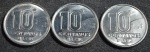 Três moedas de 10 centavos, ano 1989, Garimpeiro, SOB/FC