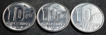Três moedas 10 cruzeiros, ano 1991, SOB/FC