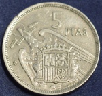 Moeda da Espanha, 5 pesetas, Francisco Franco Caudilho, ano 1957