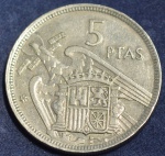 Moeda da Espanha, 5 pesetas, Francisco Franco Caudilho, ano 1957