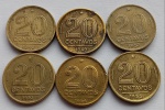 Seis Moedas 20 Centavos, 1948, 1949, 1952, 1953, 1954 e 1955, conforme foto