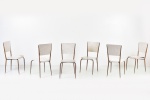 Autor desconhecido - Set de seis cadeiras executadas em ferro e fórmica branca e cinza. Brasil, c. 1960. Obs.: duas delas com defeito na fórmica.