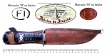 Militaria - Faca Itajubá (FI - Fábrica de Itajubá) destinada ao uso das Forças Armadas brasileira. A faca possui a lâmina com a mesma geometria das usadas na famosa Ka-Bar da Segunda Guerra Mundial. A faca está em excelente estado de conservação, a lâmina mantém quase todo o polimento original e se encontra em excelente estado de conservação, apresentando ligeiros escurecidos, provocado pelo contato prolongado com o couro da bainha. A bainha de couro original se encontra em muito bom estado de conservação, mostra a marcação `FI`. O couro está sólido e plenamente utilizável. A faca mede 27,0 cm de comprimento, sem a bainha. A lâmina mede 15,5 cm de comprimento.