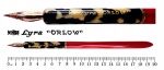 Colecionismo/canetas - Uma (1 peça) caneta de pena para molhar no tinteiro, marcada `Lyra Orlow`. Caneta em material sintético antigo, tendo o corpo `achatado` para servir como abridor de cartas (parte vermelha da caneta). A caneta mede 20,0 cm, medida com a pena acoplada. Material em muito bom estado de conservação e plenamente operacional.
