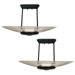 AV MAZZEGA / Made in Italy. Séc. XX  Par de Luminárias pendente com estrutura em ferro e cúpula em vidro artístico. 35 x 56 cm fechada. Haste articulada chegando 100 cm altura total. 110 V.