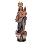 Imagem brasileira em madeira policromada e dourada, representando Nossa Senhora do Rosário com o Menino Deus recolhido ao braço esquerdo. Apresenta-se em longas e ricas vestes, de pé sobre base formada por nuvens e cabeças de anjos sobre peanha oitavada. Acompanham coroa e resplendor. Séc. XX. 54 x 18 x 15 cm.