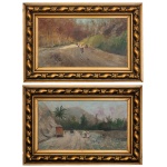 RICCIARD (Pendant) - Paisagem e Camponeses. Óleo s/ tela. Ass cid. 26 x 46 cm. Molduras de madeira entalhada e dourada.