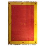 Tapete KILIM feito a mão de lã nas cores vermelho e amarelo. 210 x 140 cm.